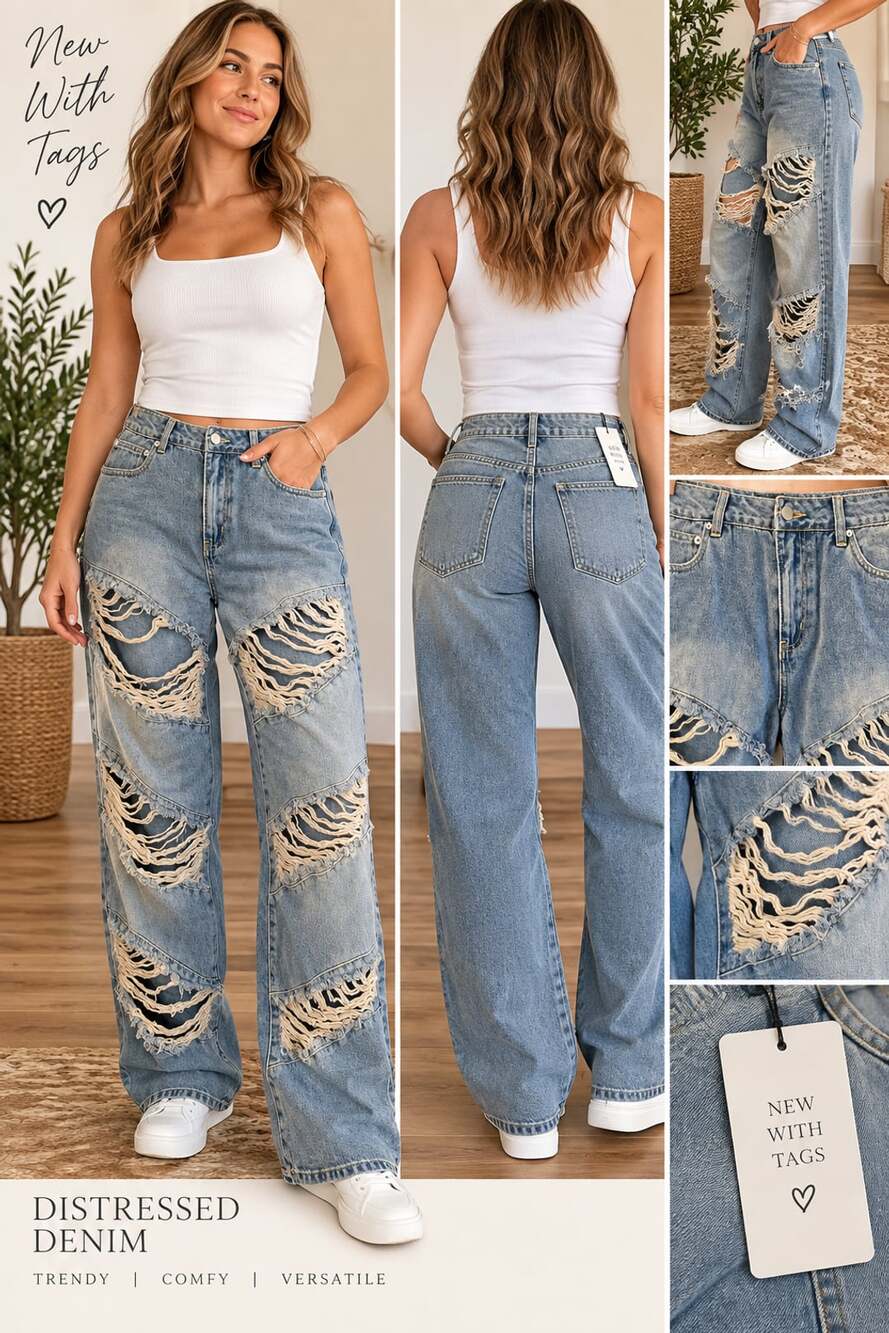 Fashion Nova Distressed Wide Leg Jeans Size 11 Blue Ripped Shredded Denim